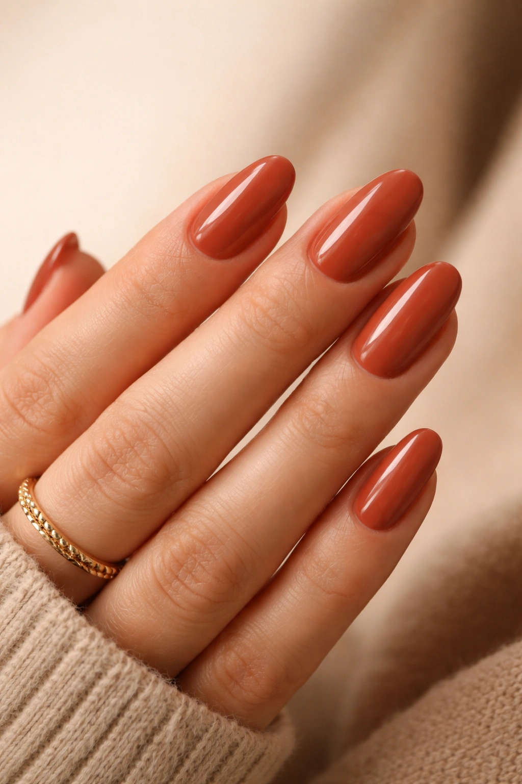 Close-up of terracotta nails on a hand with a warm earthy shade