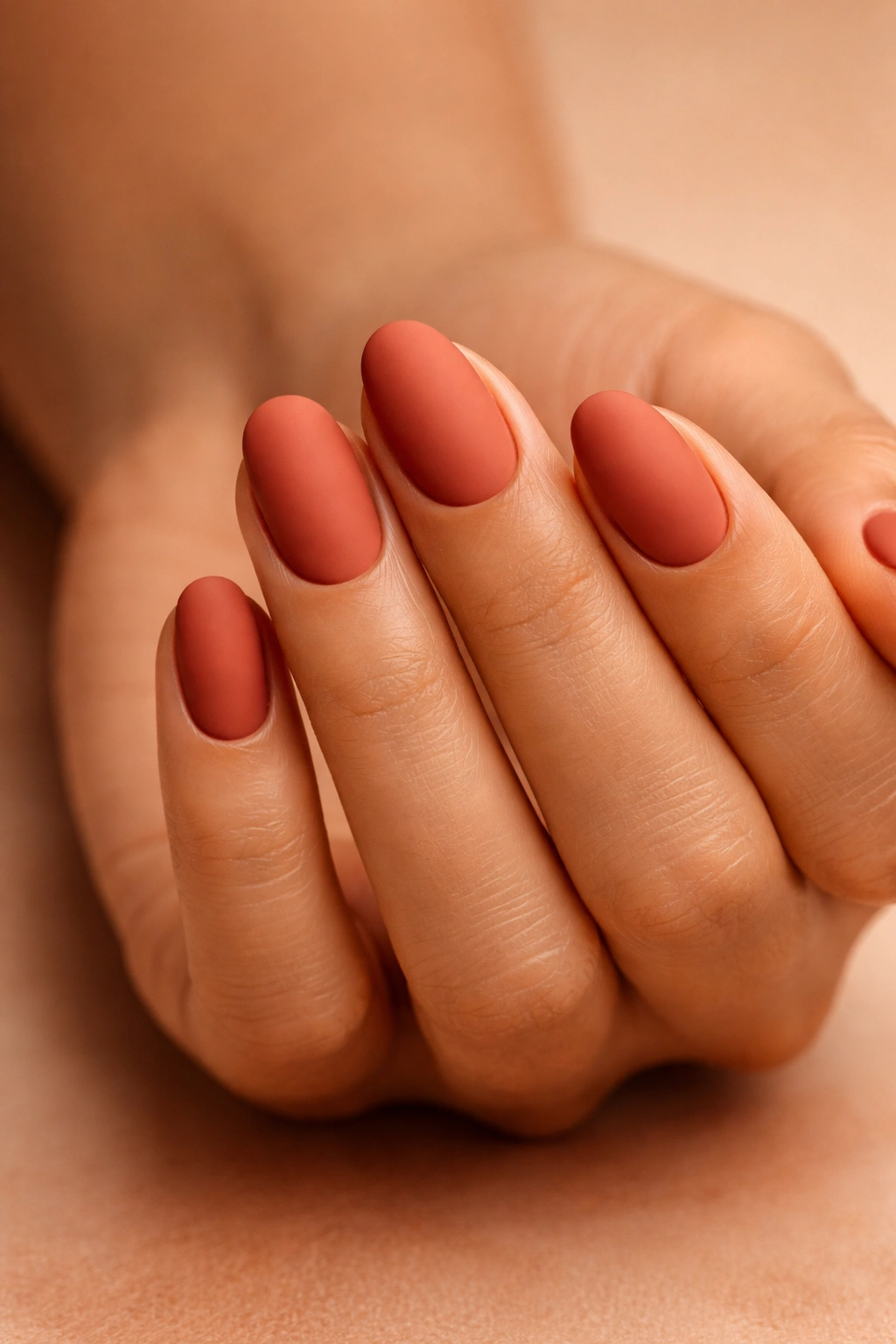 Close-up of matte terracotta nails on olive skin.