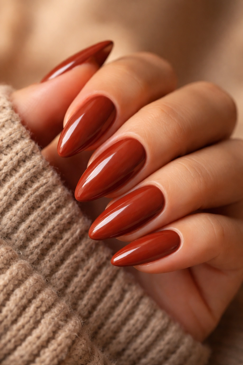 Close-up of almond nails in deep rust terracotta shade on warm neutral background