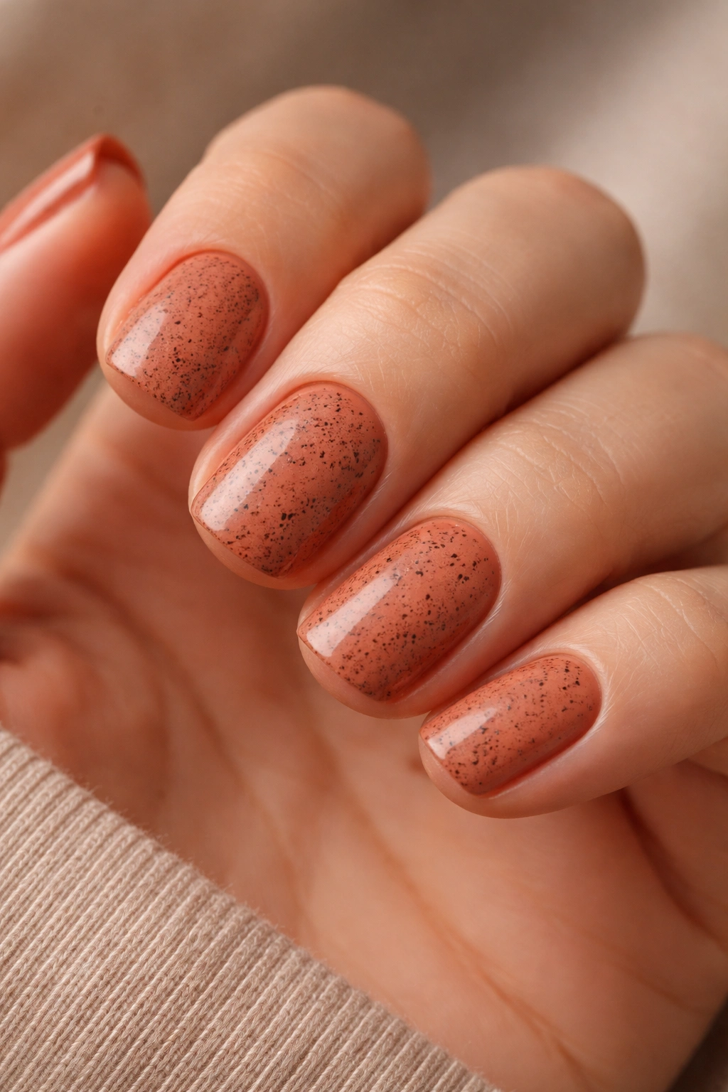 Close-up of terracotta nails with fine black speckles