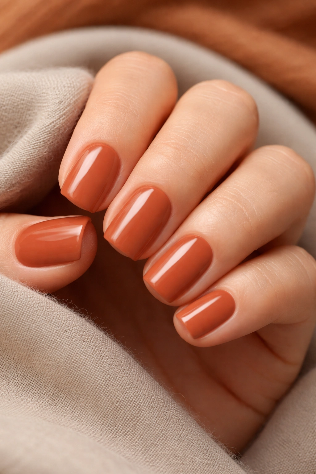 Close-up of terracotta short squoval nails on a hand with a warm earthy tone