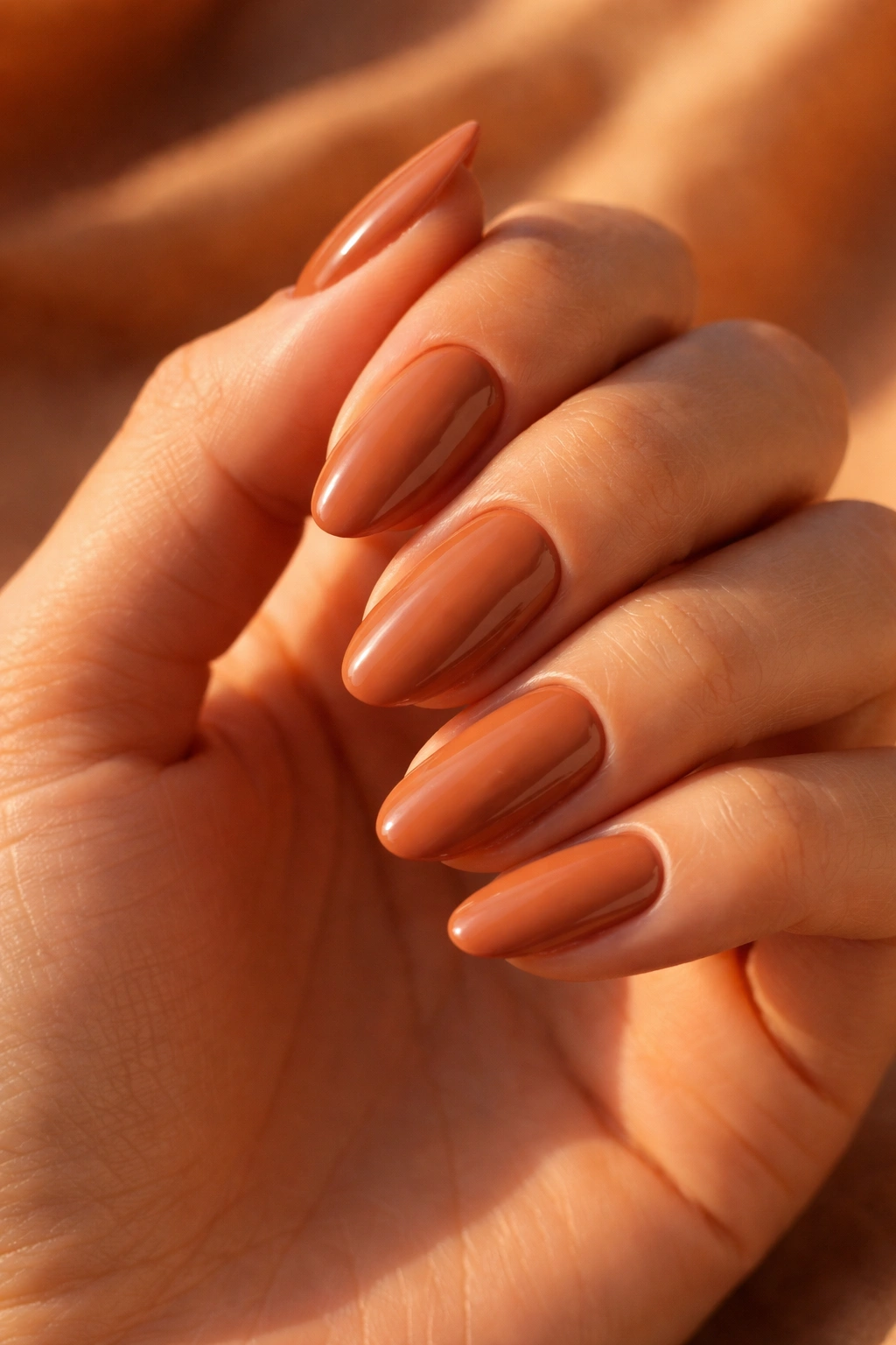 Close-up of terracotta-toned nails with warm lighting
