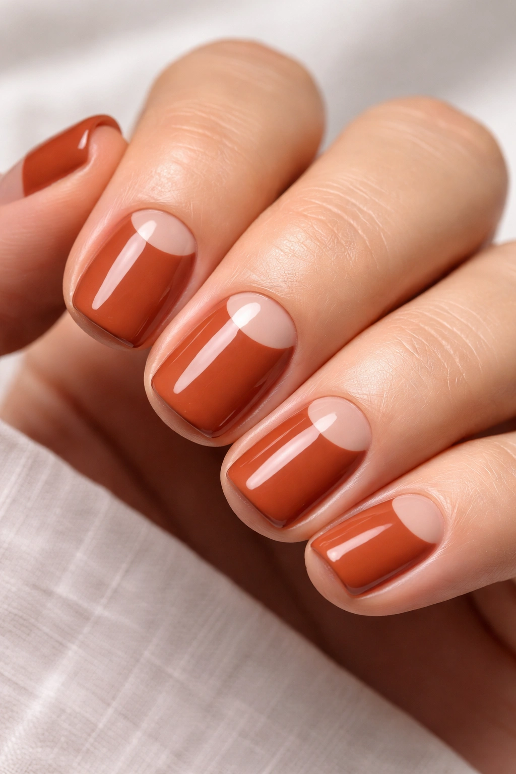 Terracotta nail with crescent negative space shapes