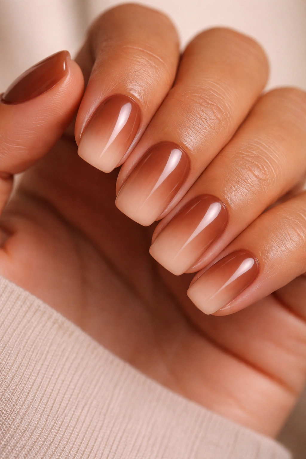 Close-up of terracotta to nude ombre nails