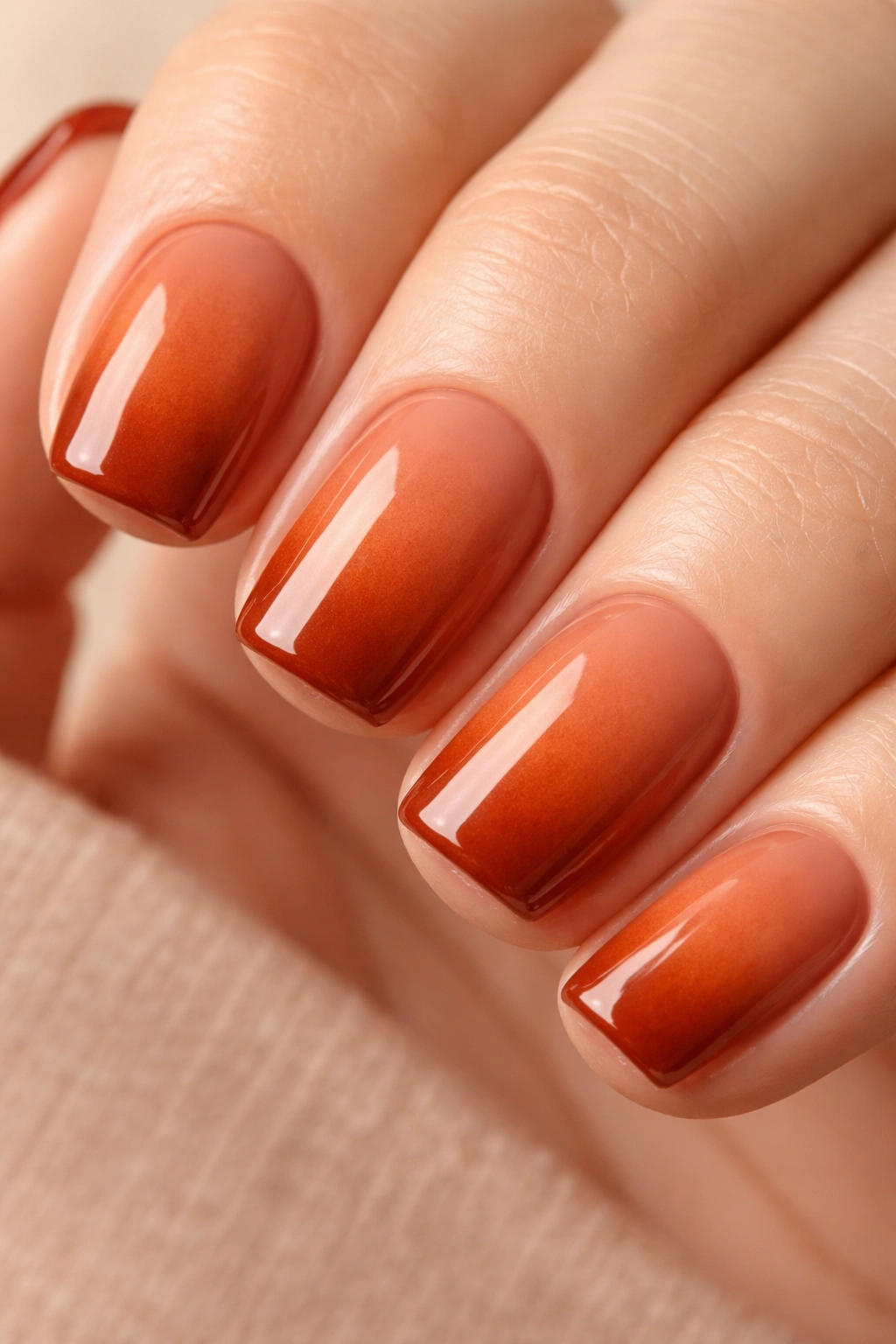 Short squoval terracotta nail with orange to rust ombre