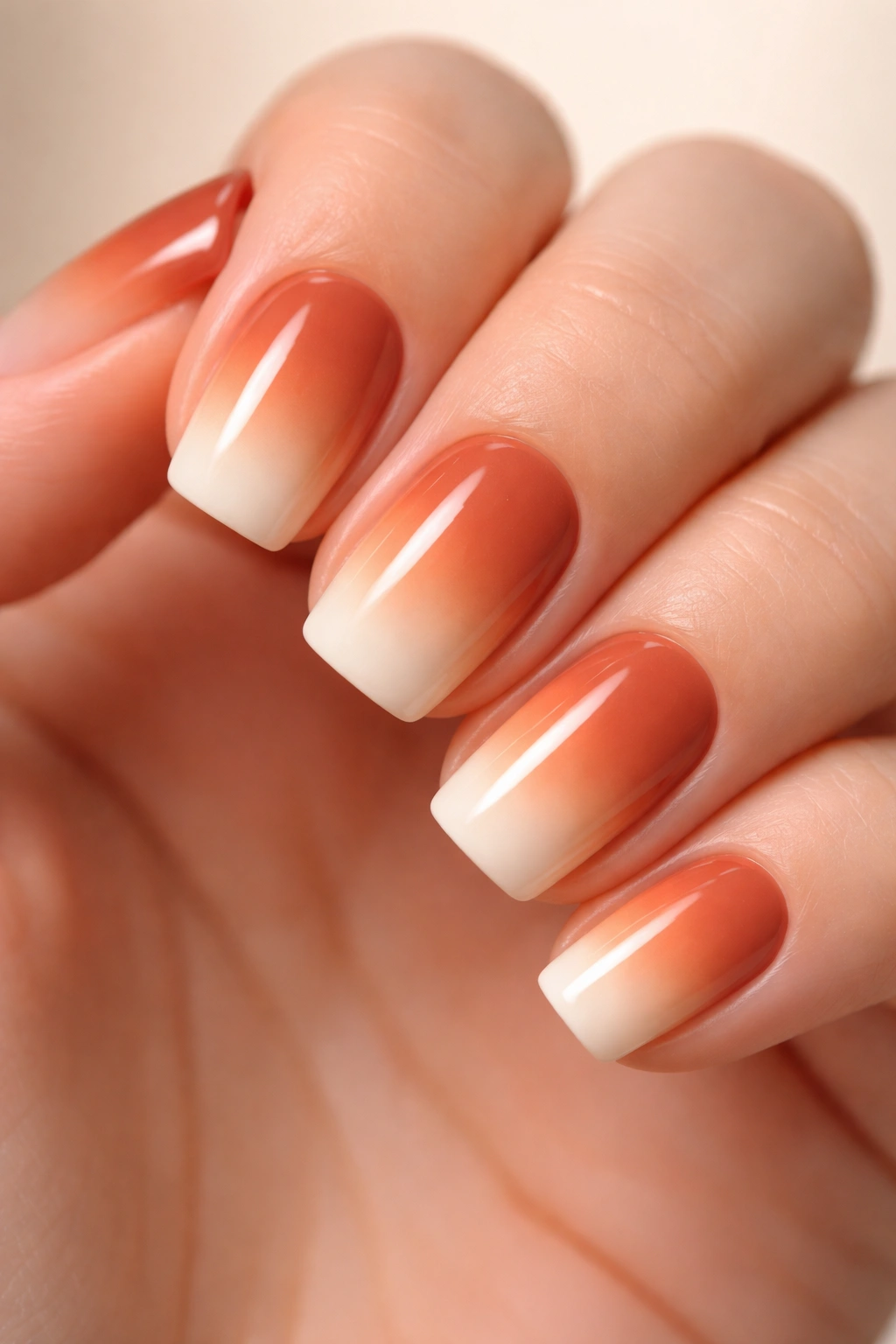 Terracotta to cream ombre nails close-up