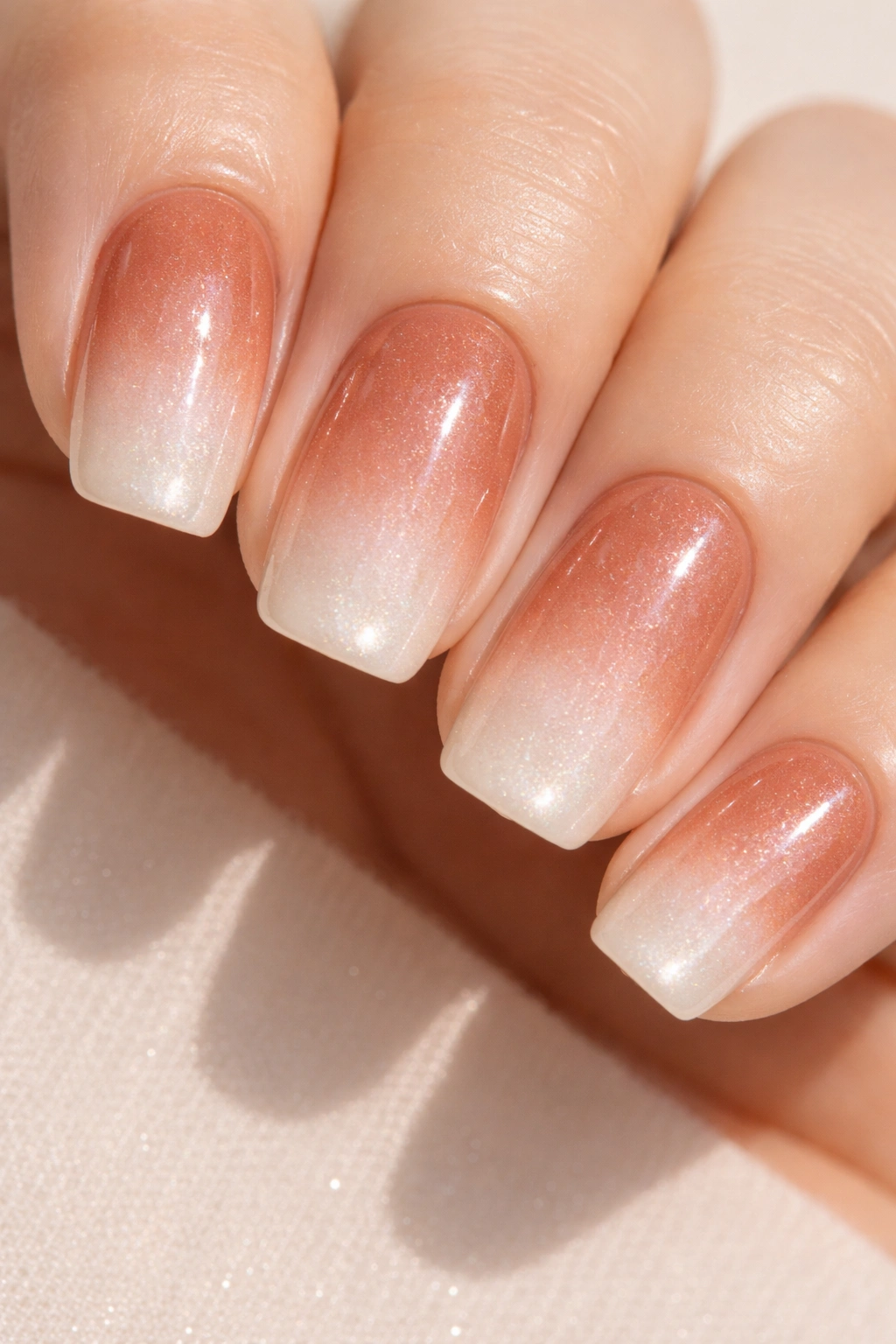 Terracotta nail with white nude ombre and pearl shine