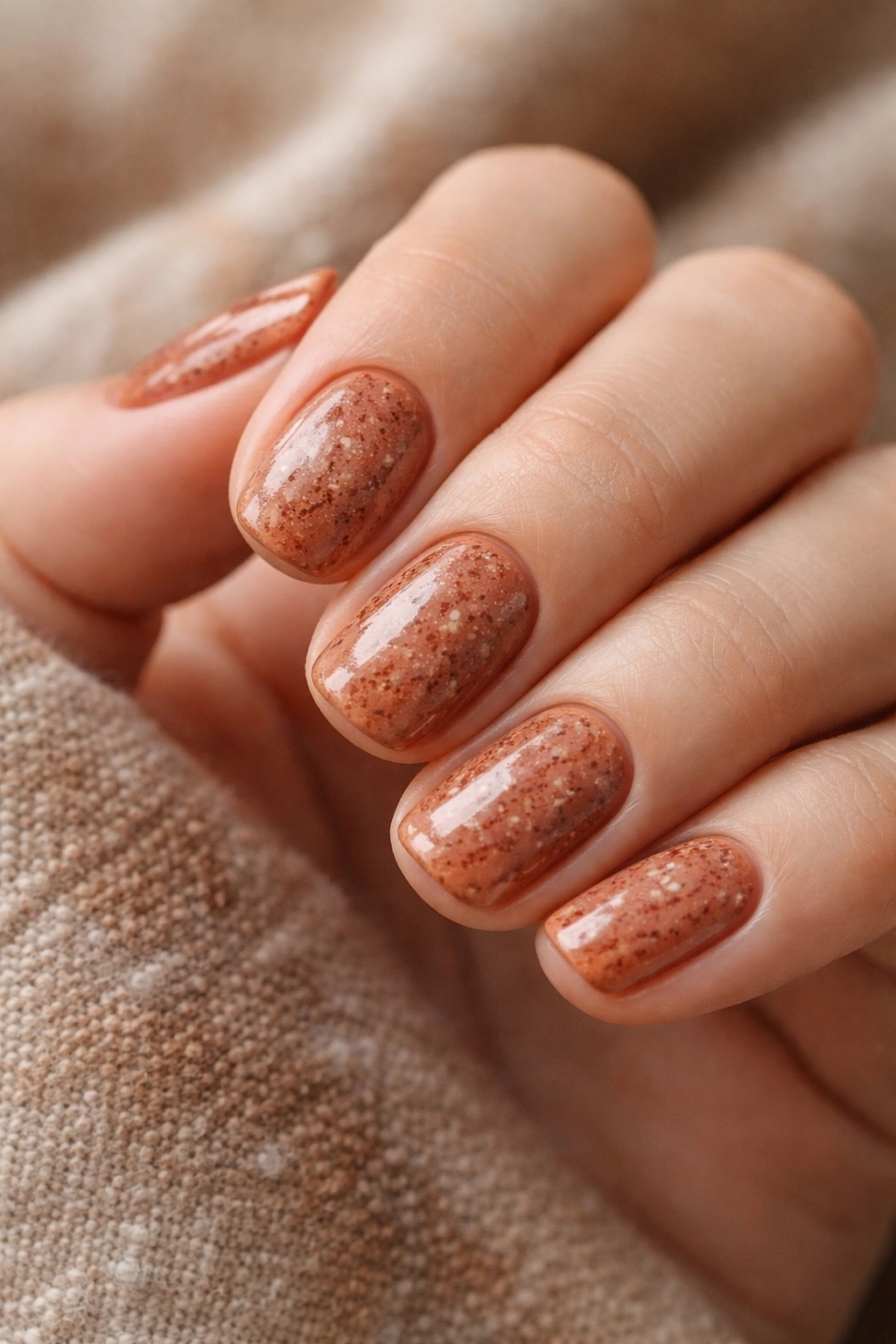 Close-up of short squoval nails with terracotta base and speckled texture