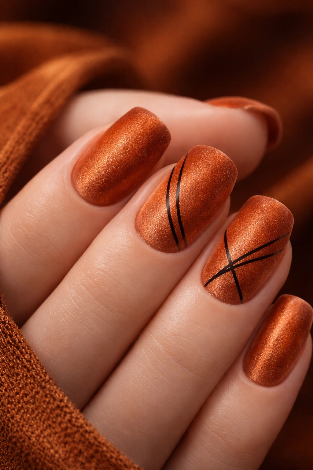 Close-up of terracotta orange velvet nails with black line art on accent nails.
