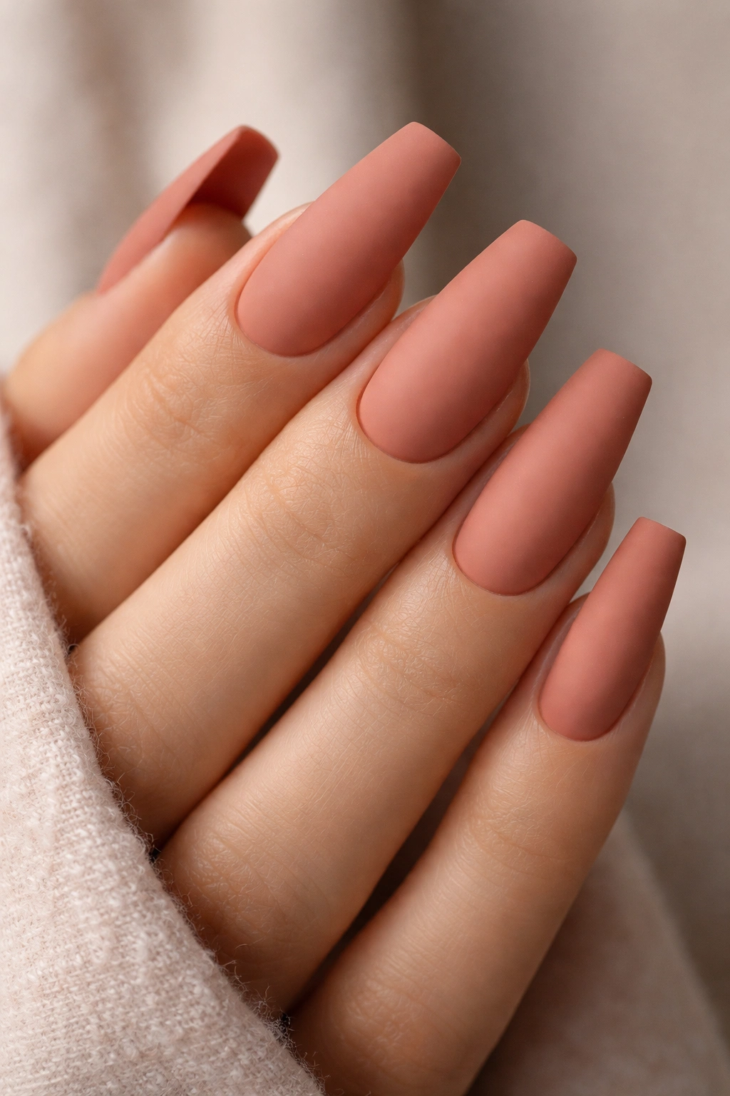 Matte soft terracotta blush nails with velvet finish