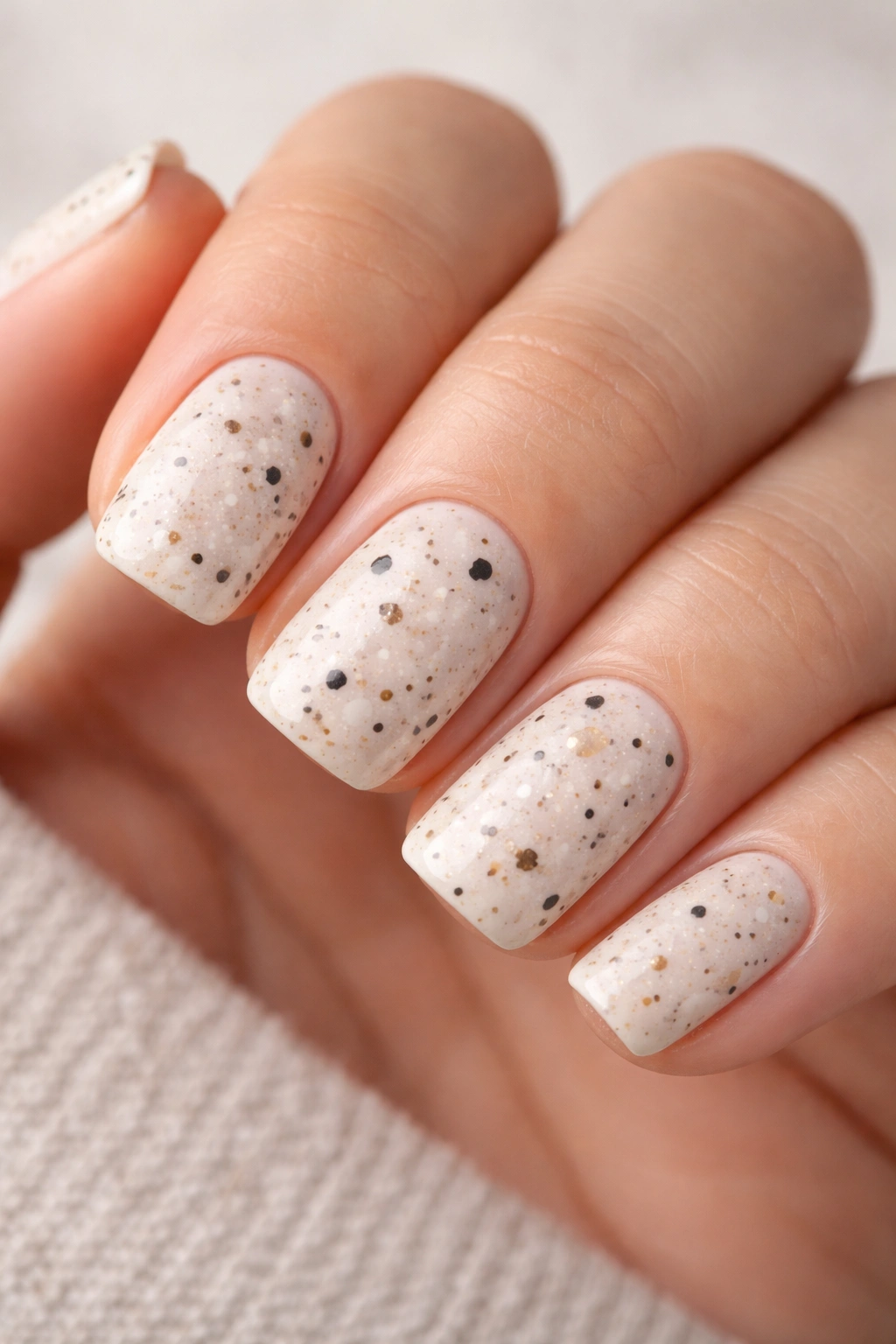 Close-up of short squoval nails with speckled terrazzo pattern on pale base