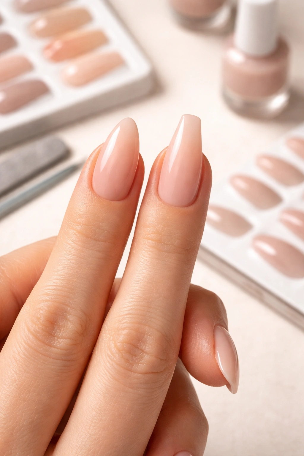 Hand showing almond and coffin nail shapes on different fingers for testing