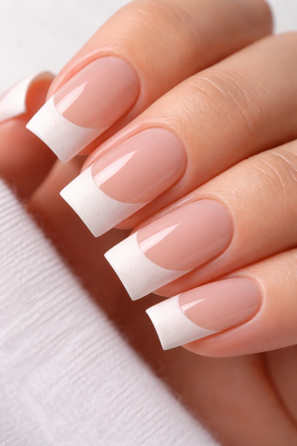 Matte white tips with glossy nude base on soft square nails