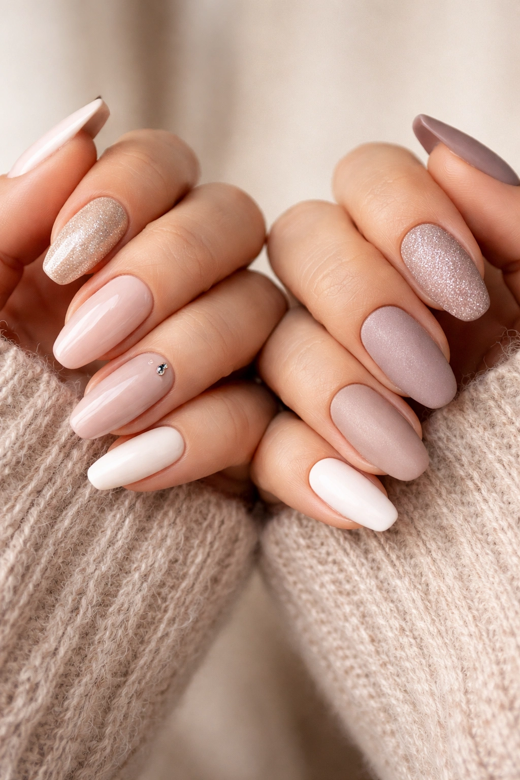 Close-up of two hands with coordinating nail finishes: glossy and textured.