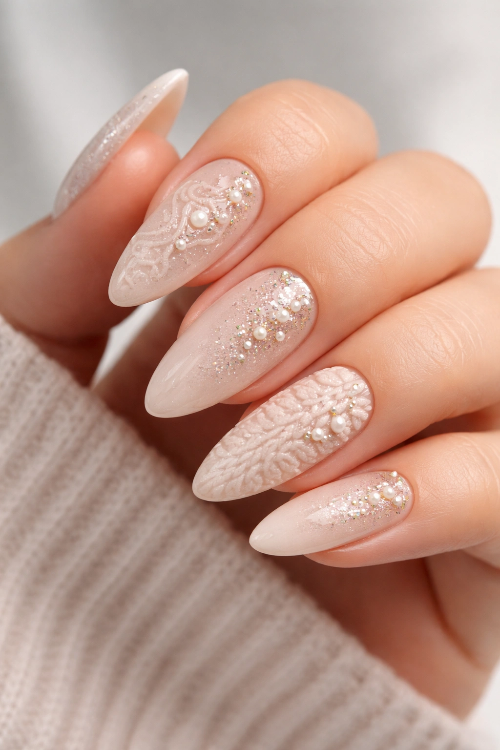 Textured embellished almond acrylics with tactile nails close-up