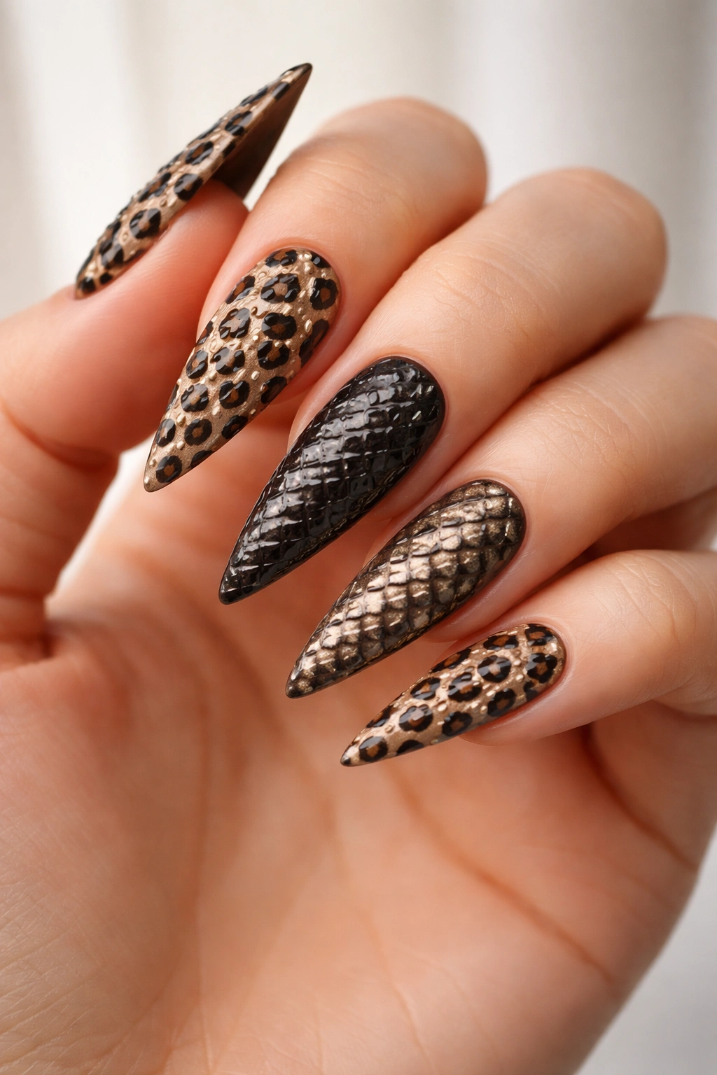 Close-up of 3D leopard print stiletto nails with raised spots on a tan base
