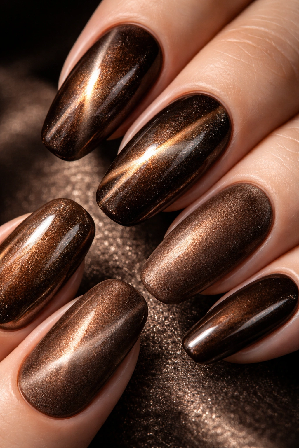 Brown chrome nails displaying cat eye and velvet textures with varying reflectivity.