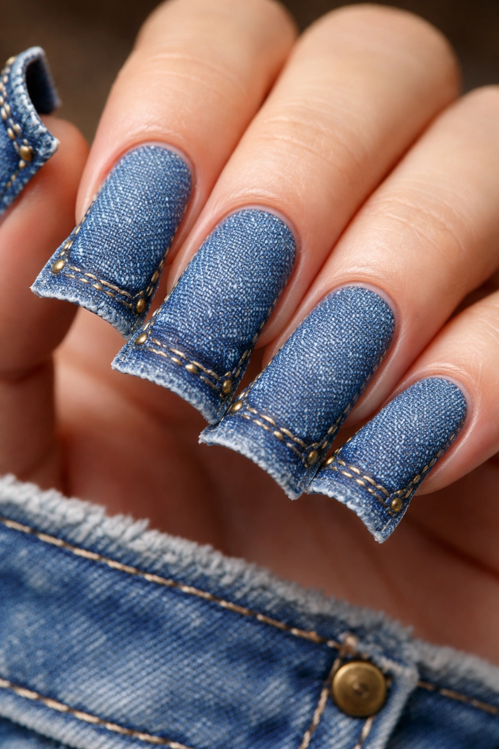 Duck nails with denim-like texture created by gel techniques