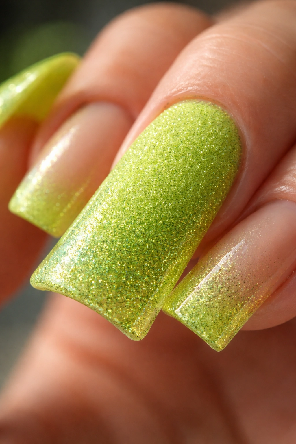 Close-up of a duck nail with textured lime green base and shimmering gradient.