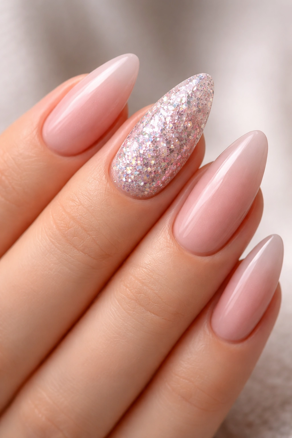 Close-up of almond nails with chunky glitter and holographic texture, soft lighting