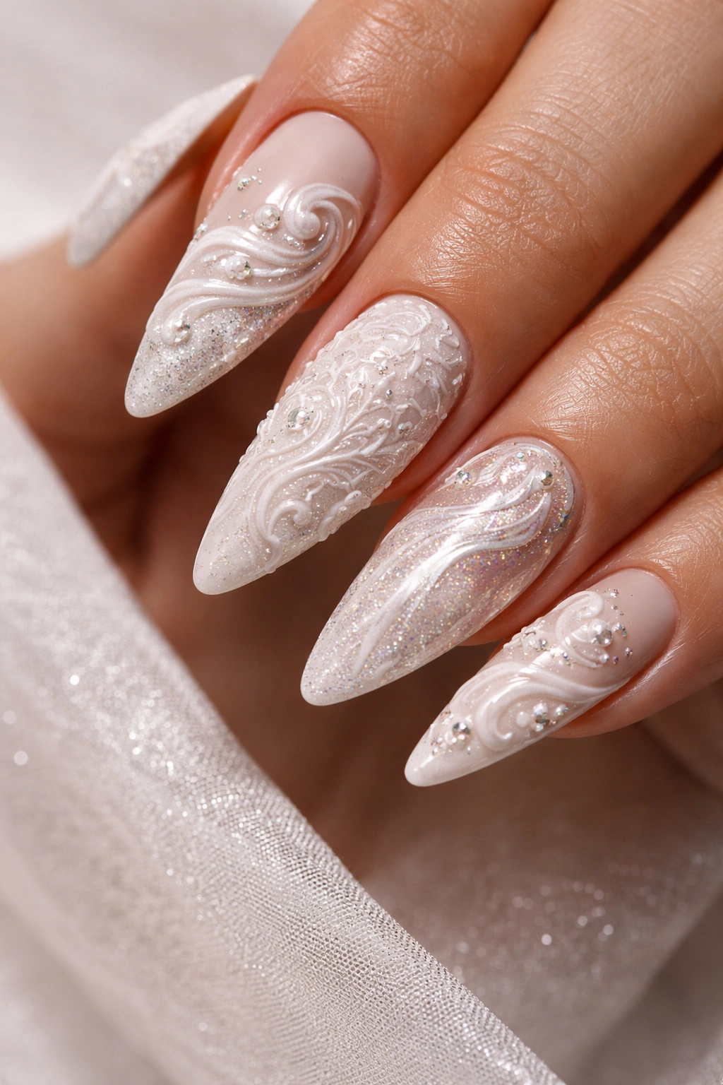 Close-up of nails with raised texture and matte-gloss contrast