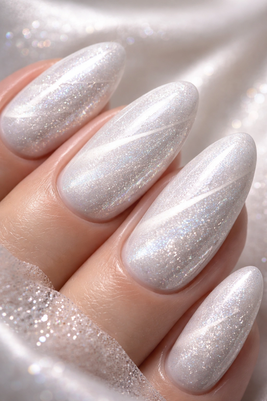 White cat eye nails with texture and subtle sparkle