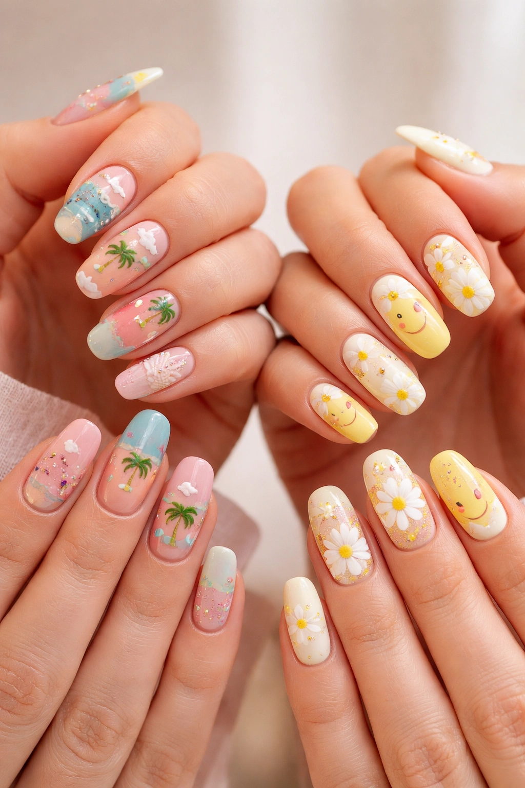 Close-up of two hands with thematically coordinated nail designs