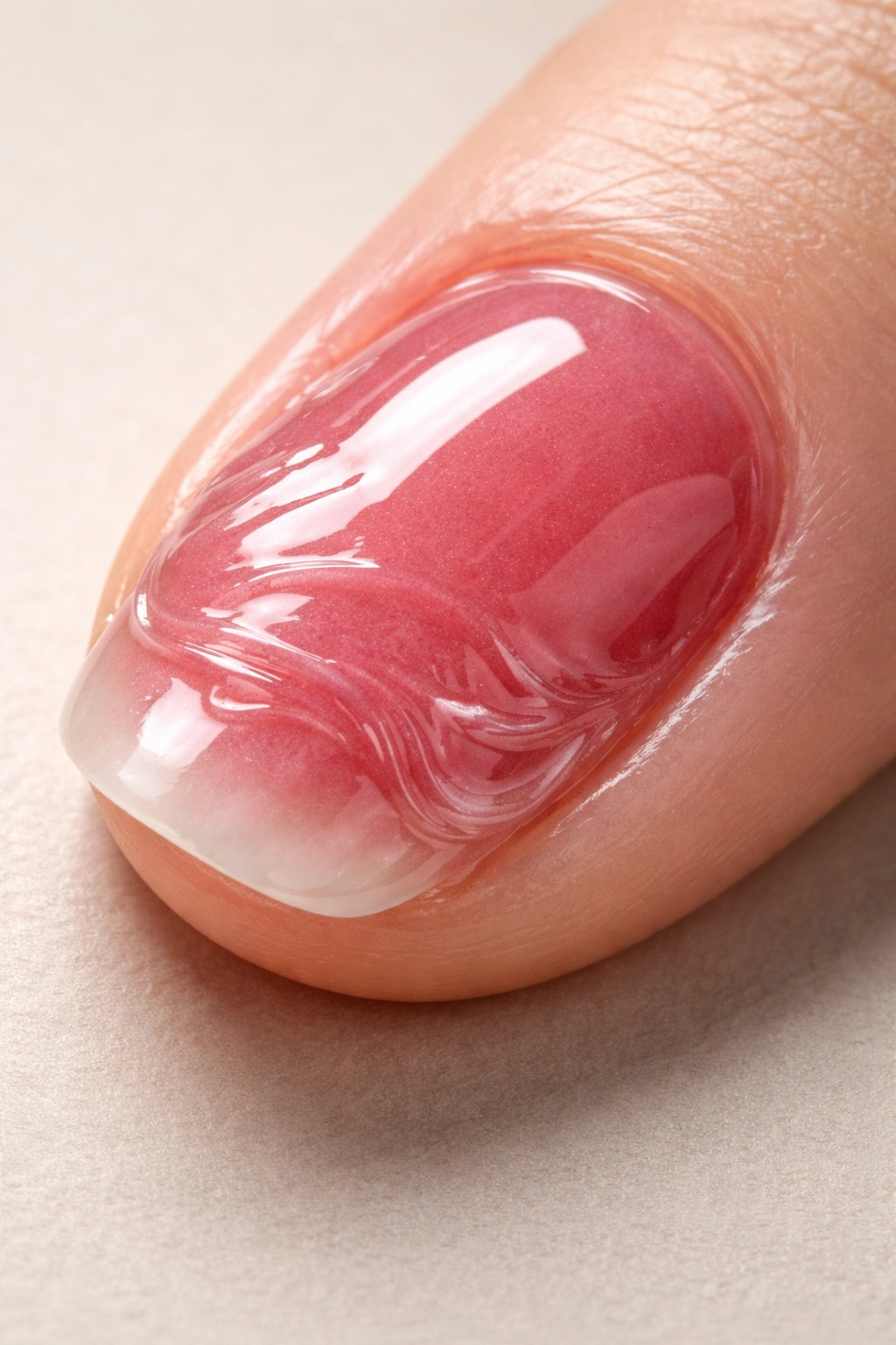 Macro shot of thick uneven gel layer on nail with wrinkles and pooling