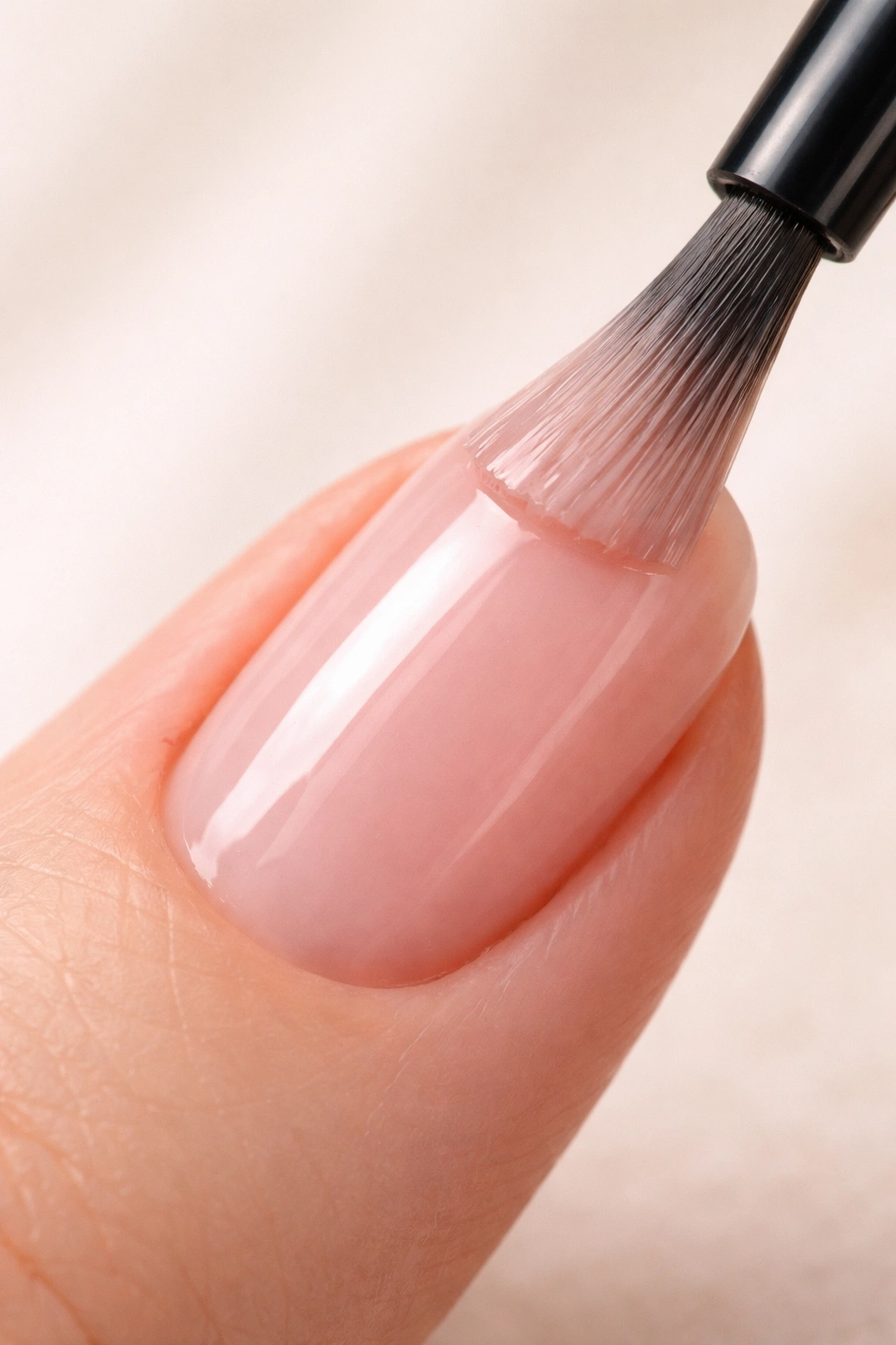 Nail being painted with a thin coat using a fine brush, demonstrating proper technique