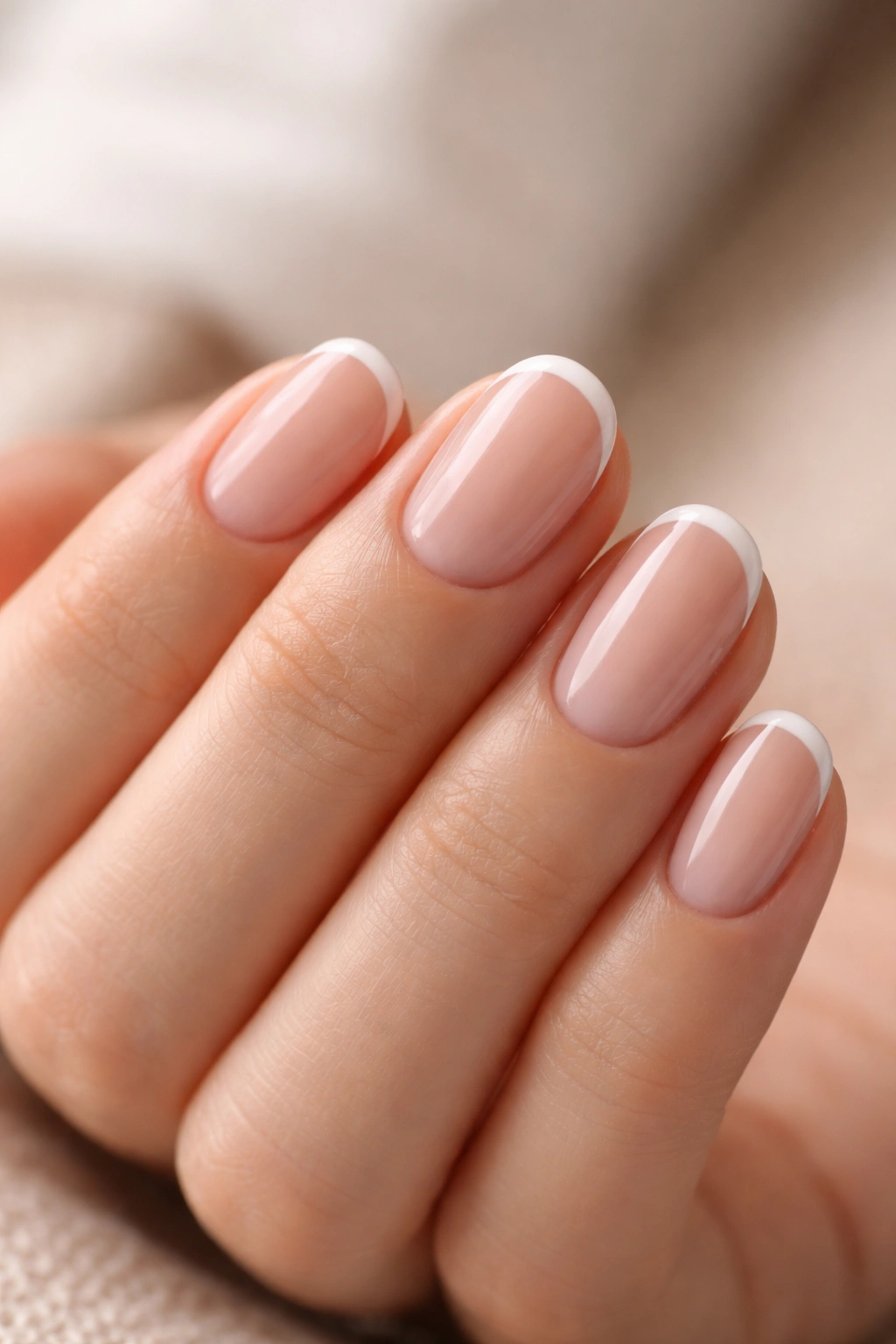 Close-up of short oval nails with thin French tips