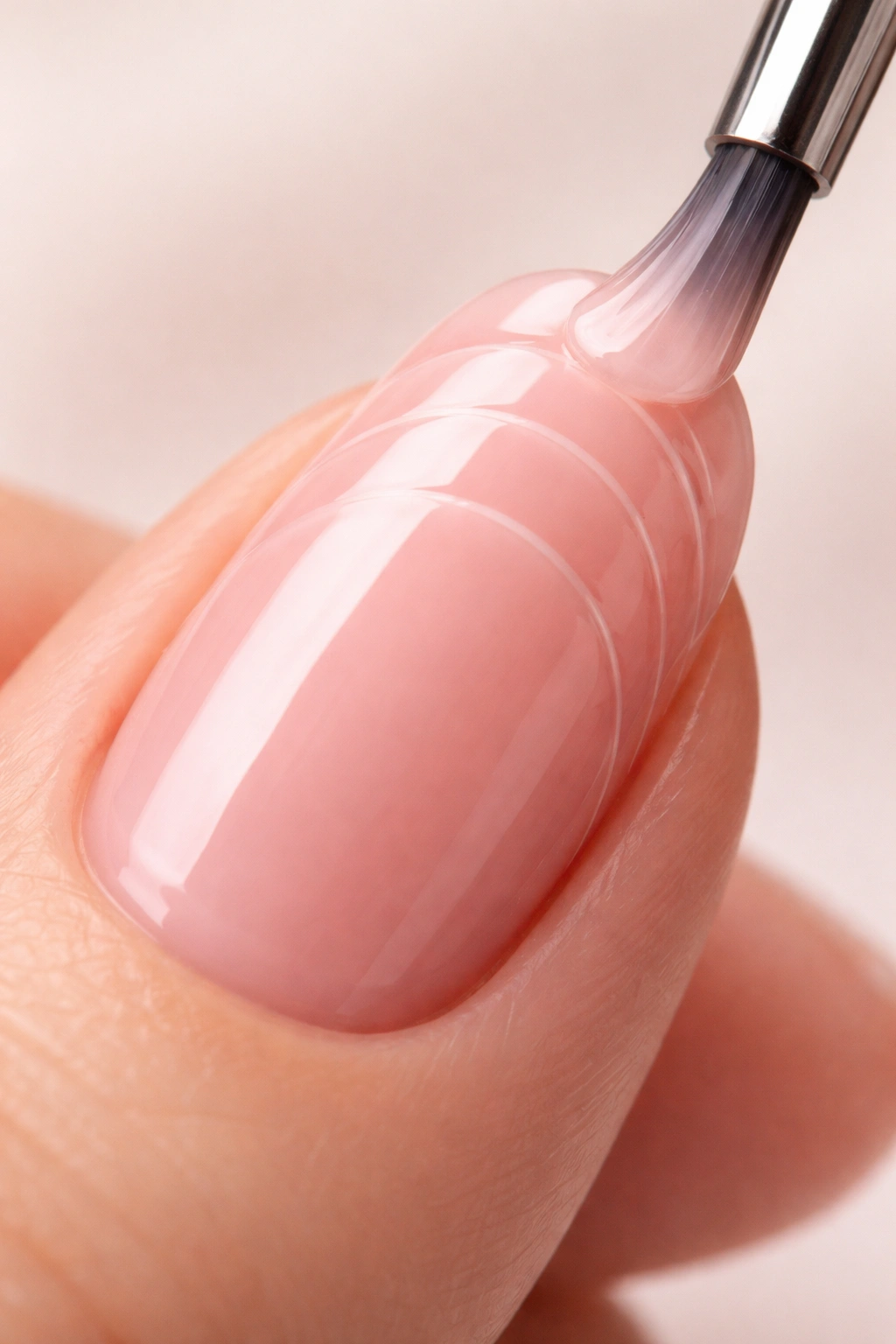 Close-up of a fingernail with ultra-thin gel layers to illustrate proper thickness for long-lasting wear