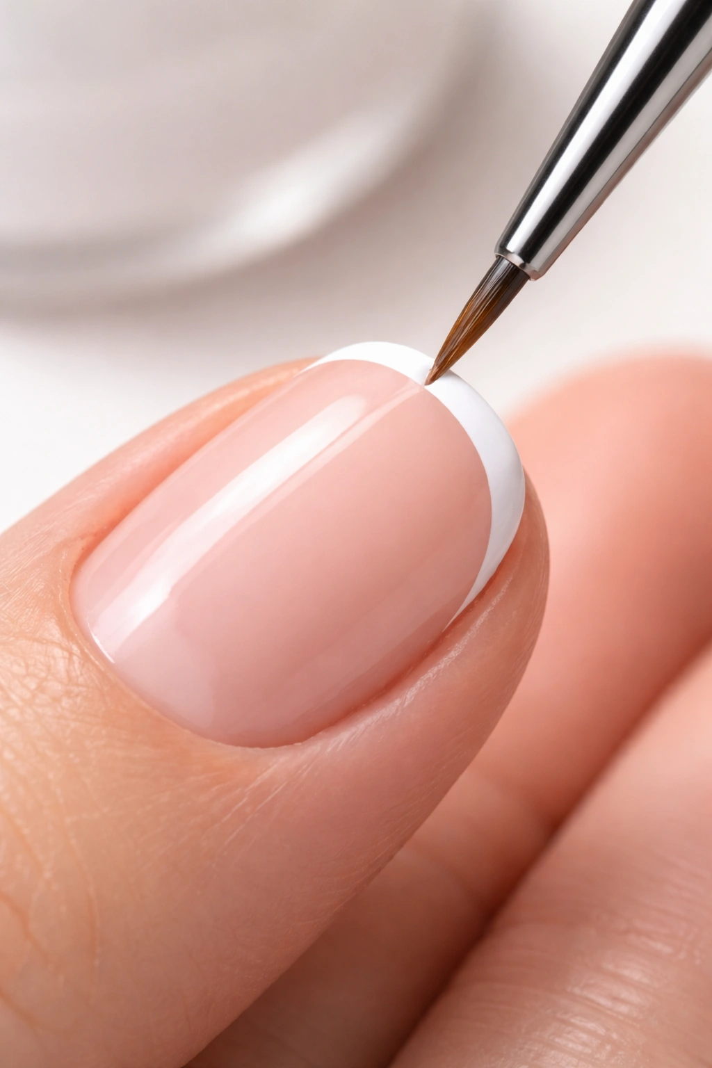 Macro shot of a short nail with a thin brush line forming a precise white edge