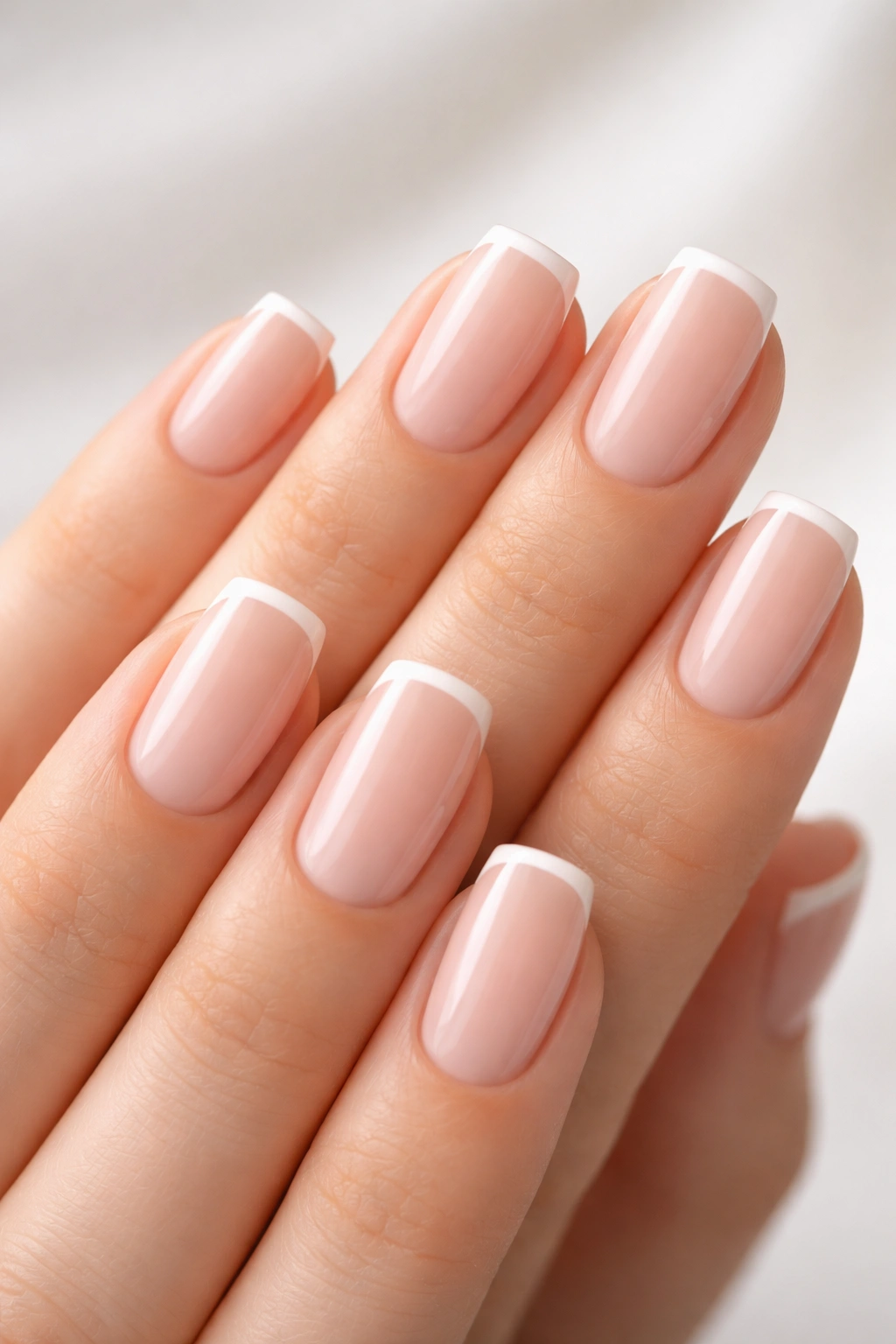 Close-up of hands with minimalist thin-line French tip nails on square and squoval shapes