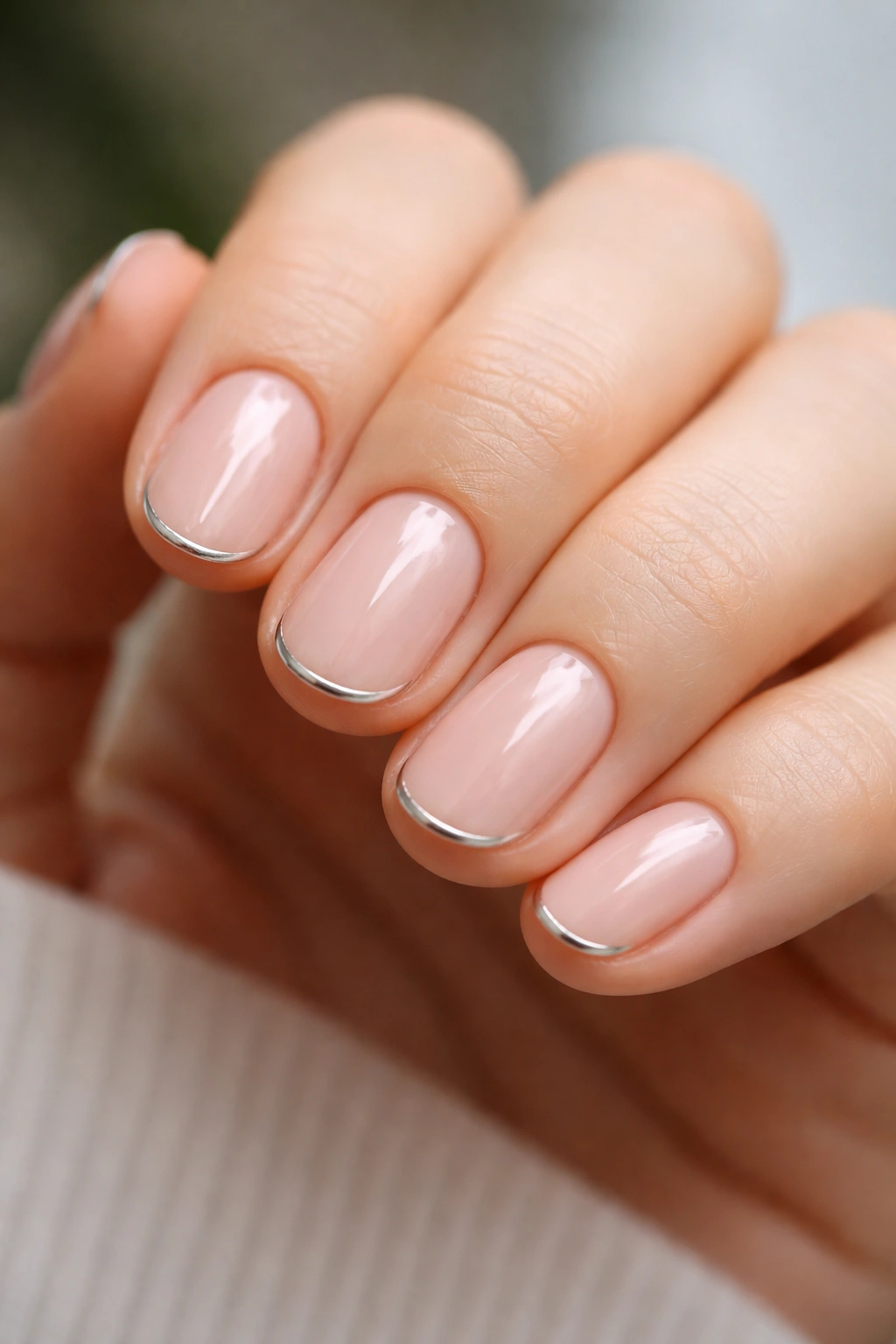 Short oval nails with a thin metallic edge on nude base