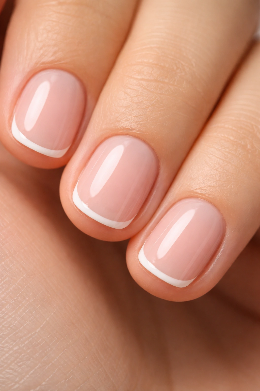 Hairline micro French tip on a soft pink base on a very short nail
