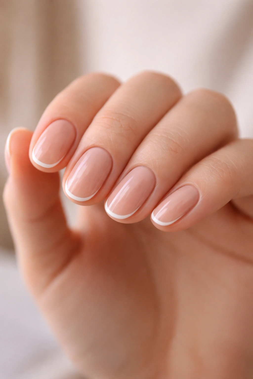 Close-up of short oval nails with a nude base and a fine white outline along the edge.