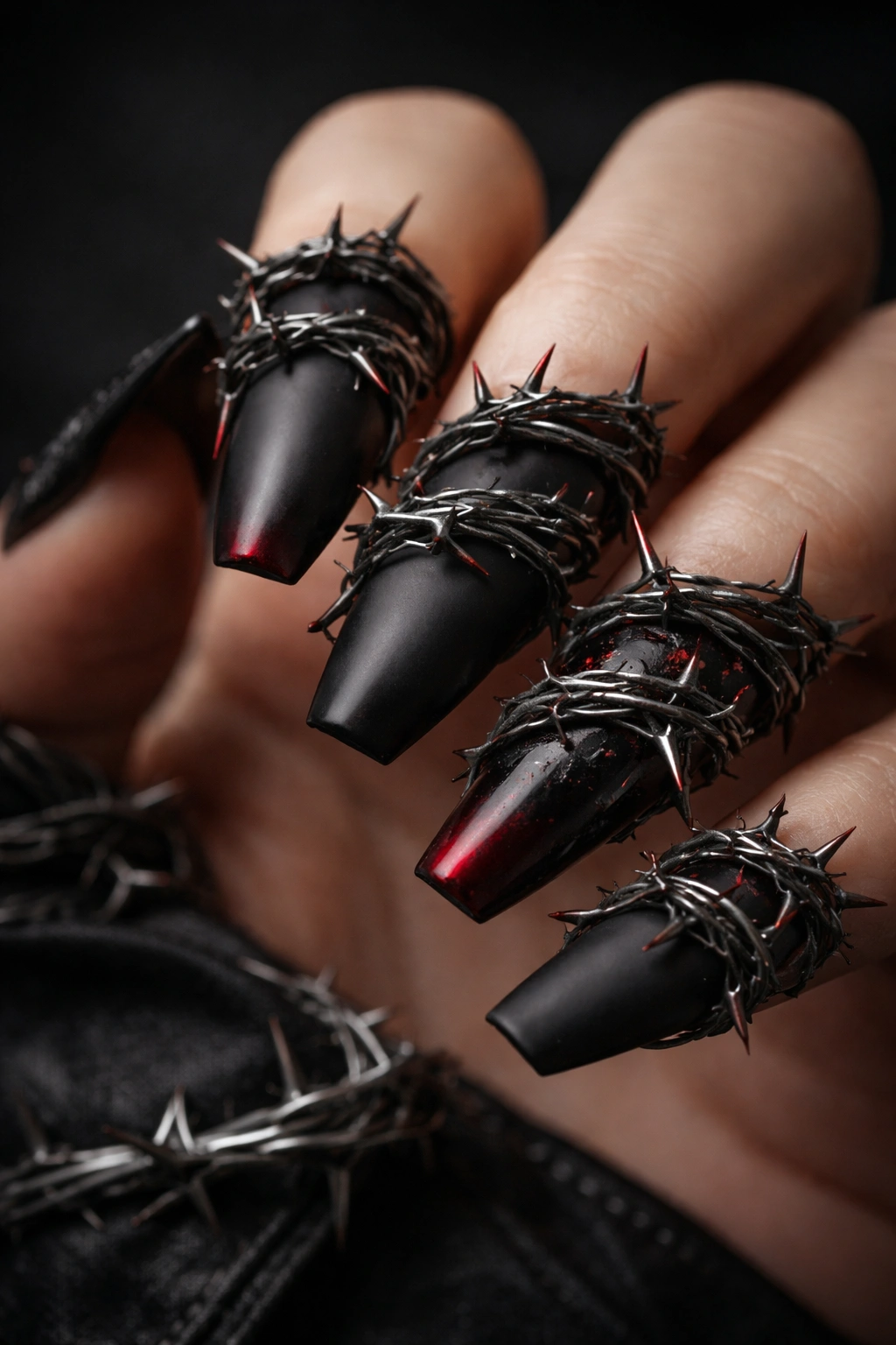 Duck nails wrapped in black thorns and barbed wire with crimson tips on a matte black base
