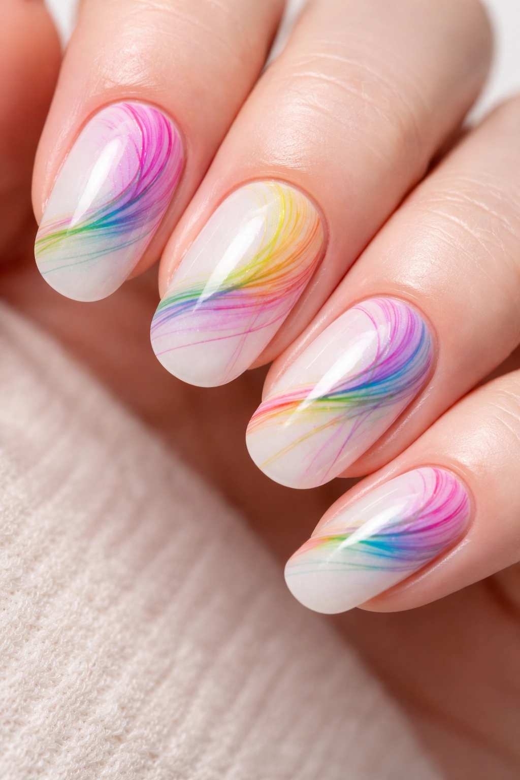 Nails with rainbow thread swirl marbling effect