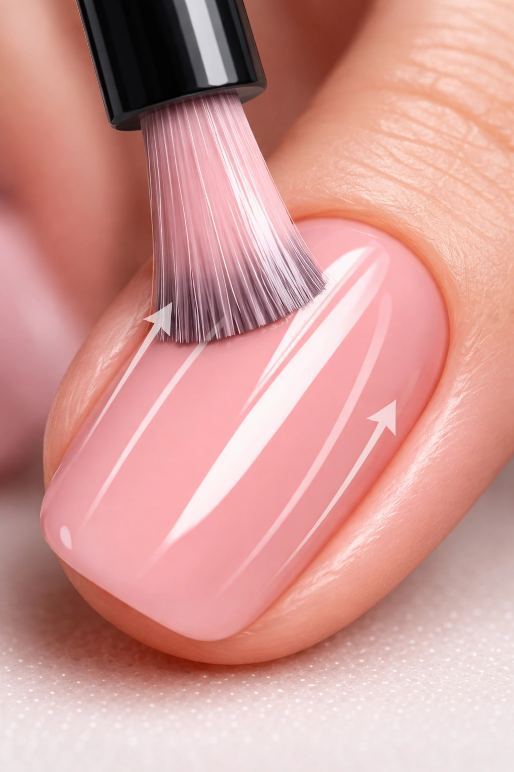 Close-up of nail being painted with three-stroke technique