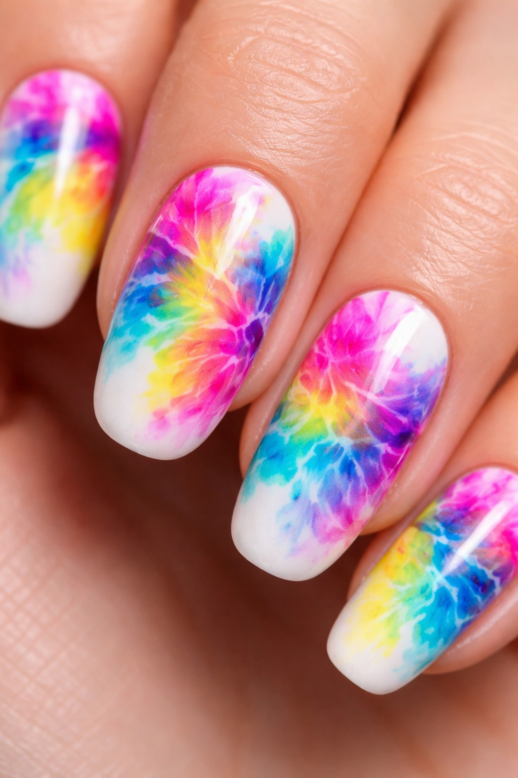 Close-up of tie-dye blooming gel nail with vibrant swirl colors