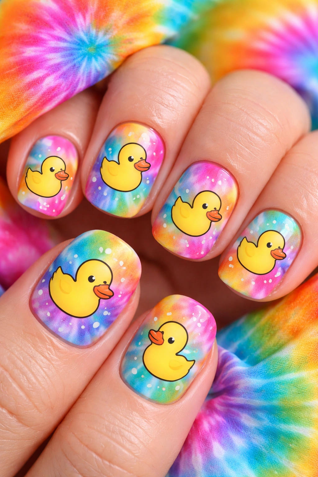 Tie-dye background with duck doodles nails