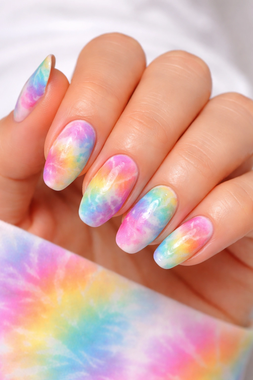 Tie-dye nail design with blended colors on white base