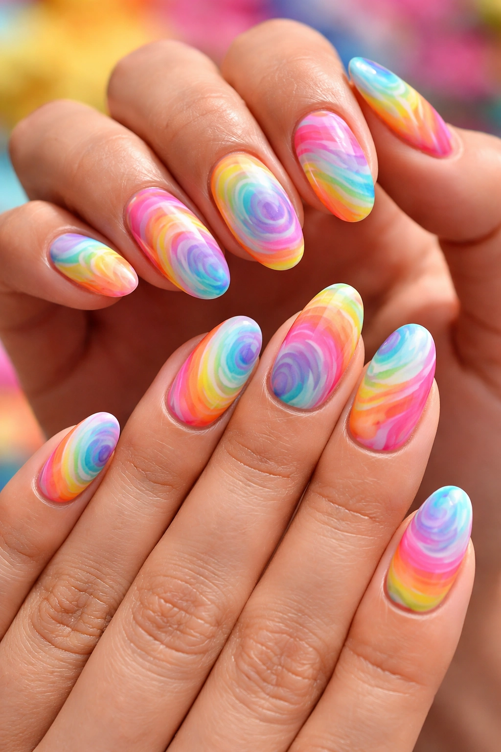 Nails with multicolor tie-dye swirl patterns