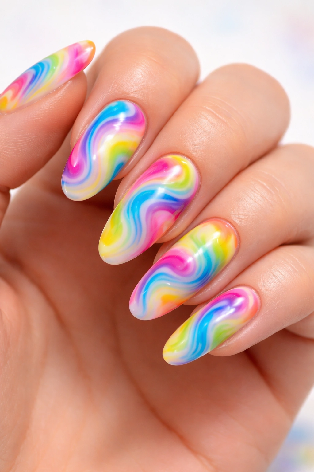 Close-up of multicolor tie-dye swirl nails on white base