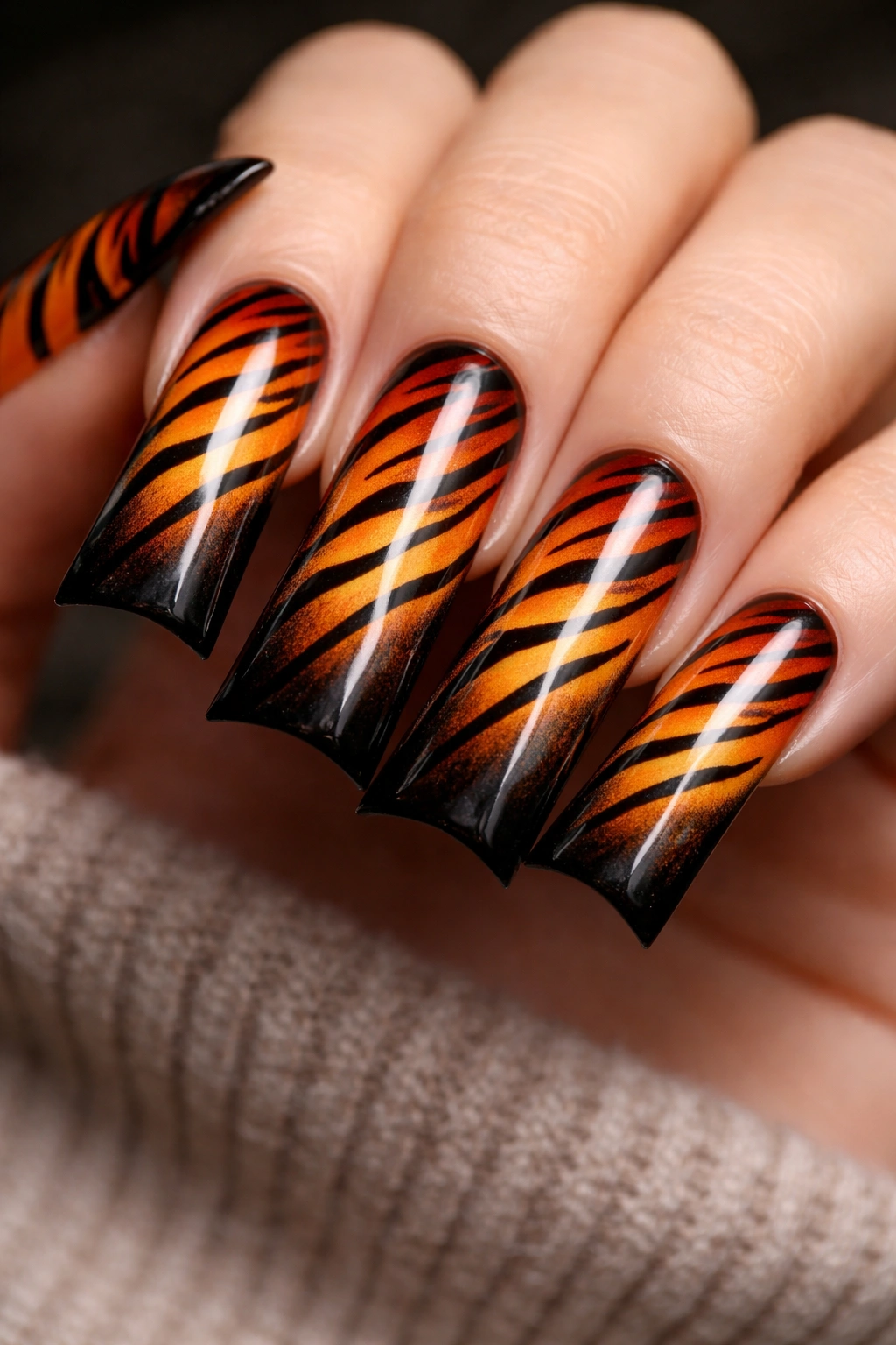Duck nails with orange-black ombré and tiger stripes.