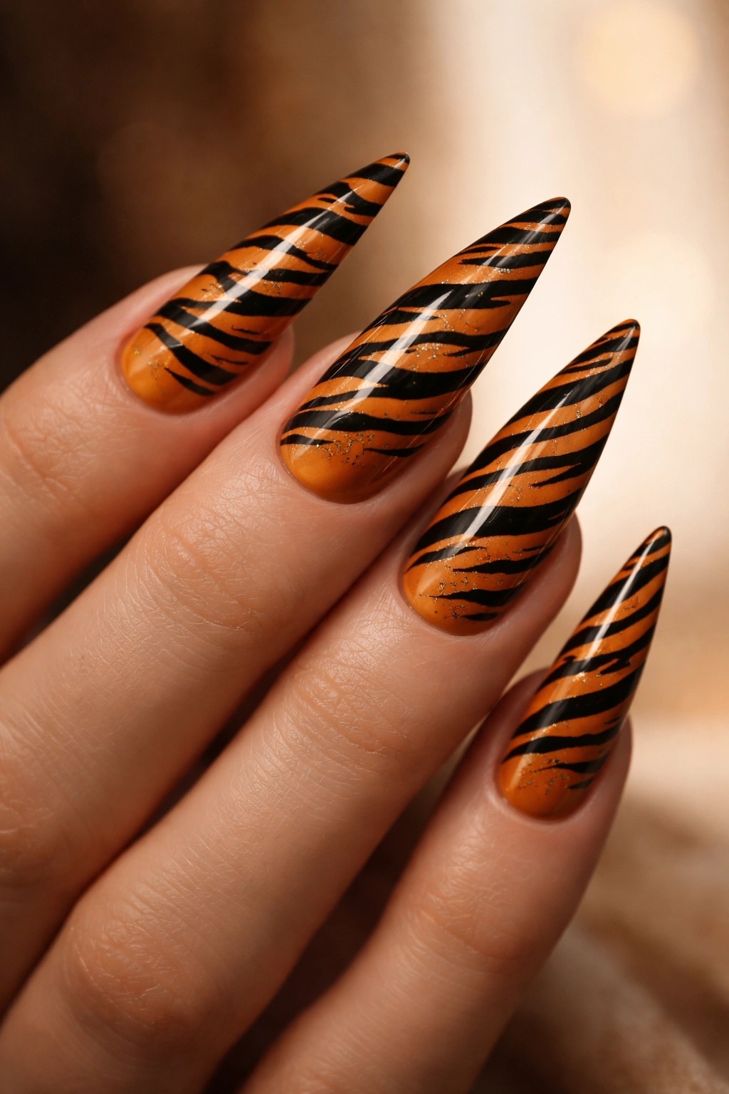 Orange and black tiger stripe nails on stiletto tips