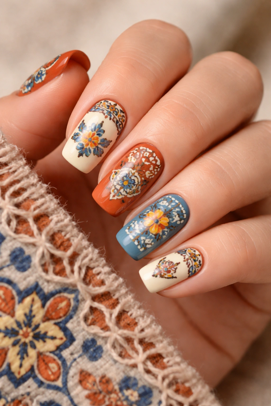 Close-up of terracotta, cream, and dusty blue nails with tile motif patterns inspired by Mexican tiles.