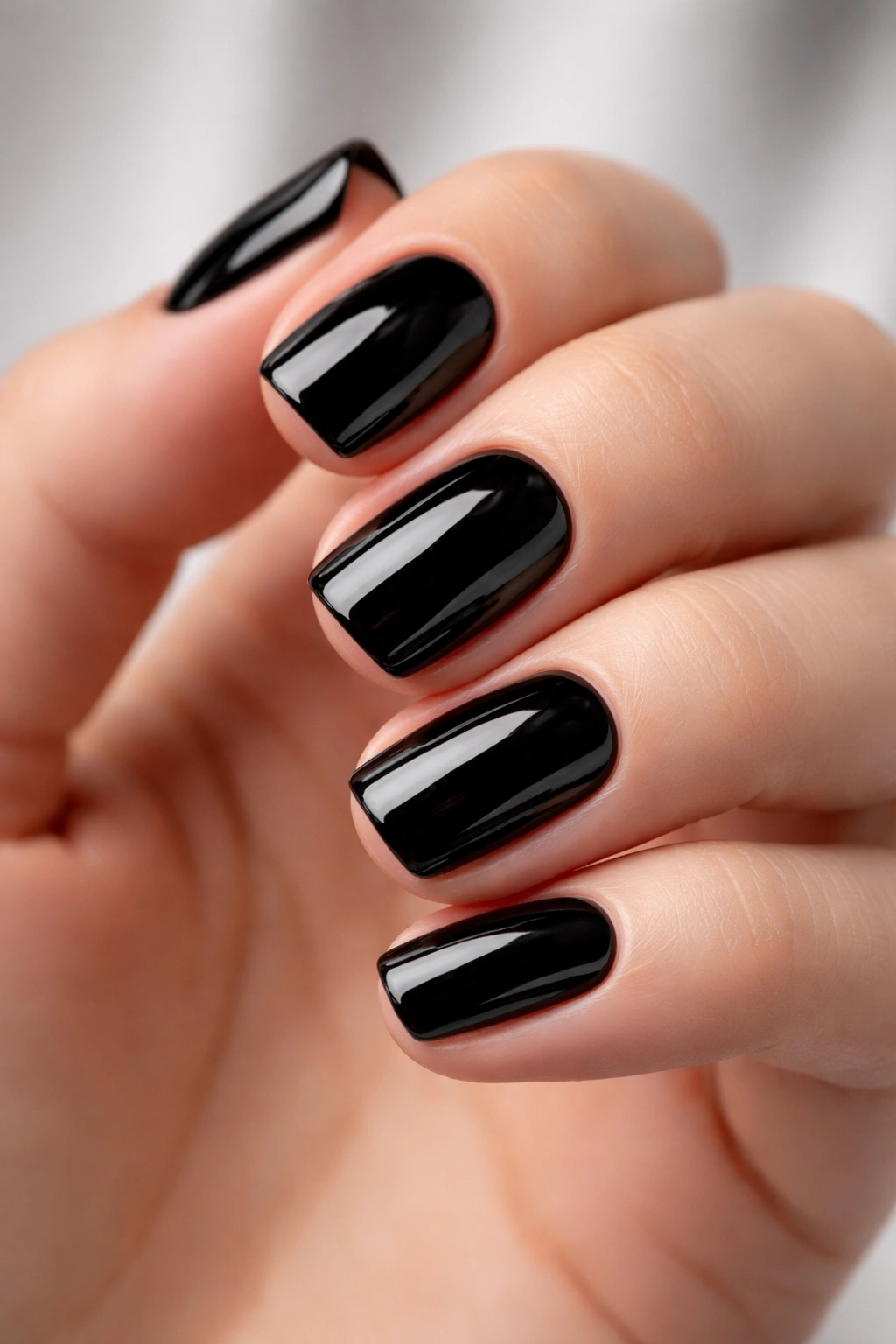 Close-up of timeless black nails on a manicured hand against a plain background