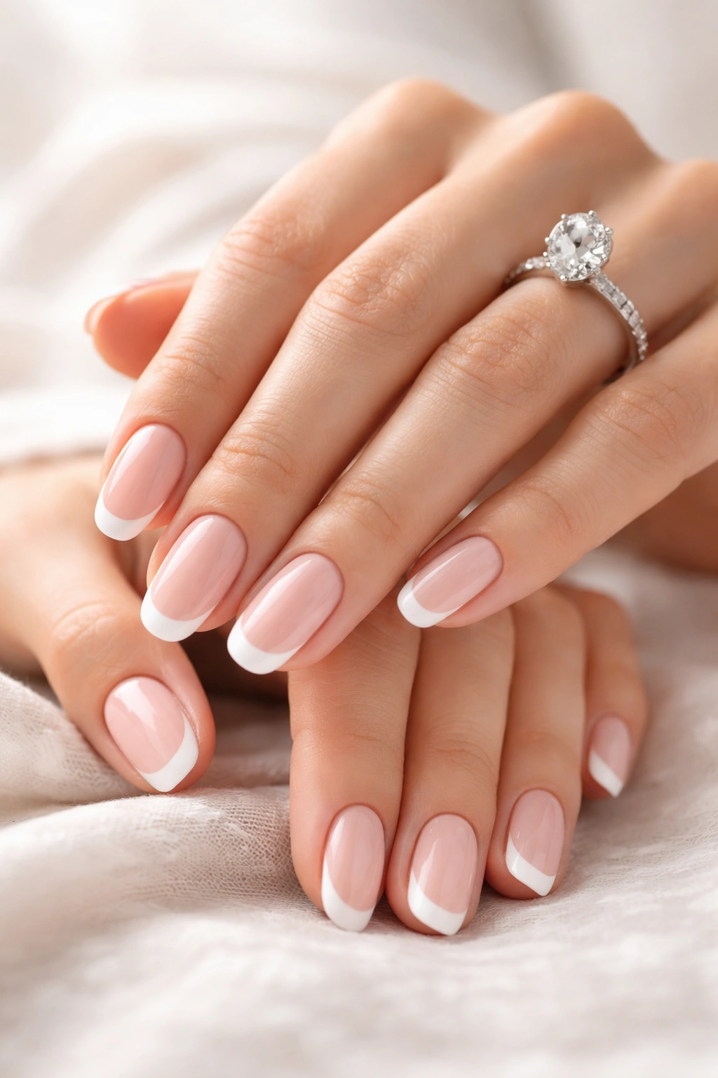 Close-up of hands with a timeless engagement manicure