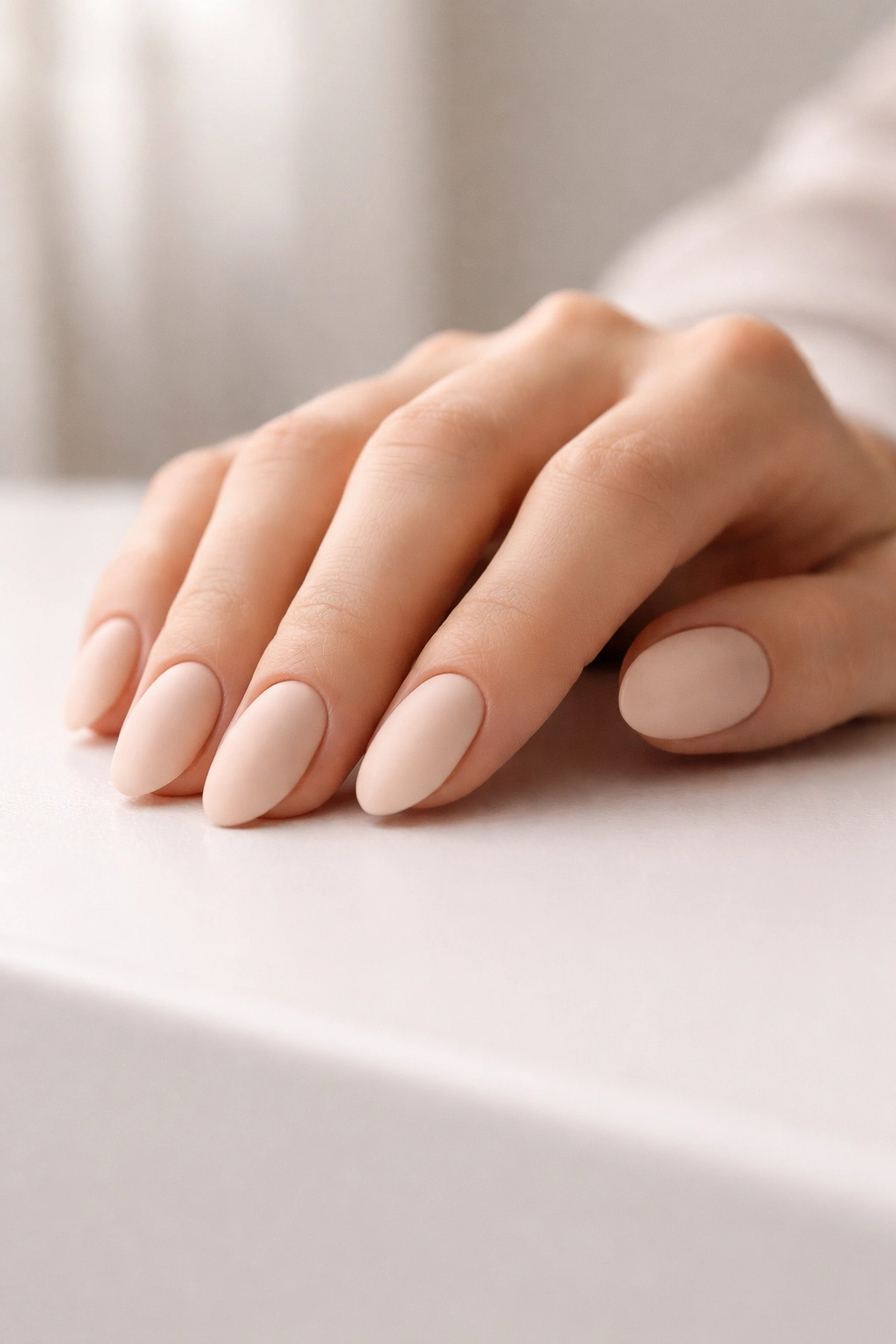 Hand with neutral-toned nails resting on a clean surface